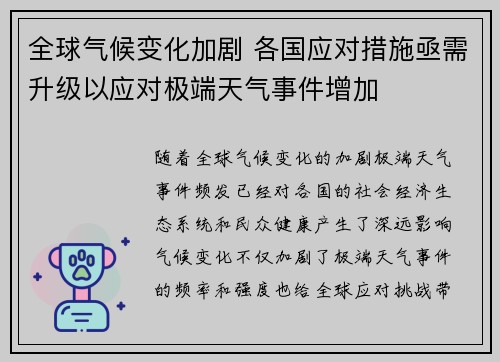 全球气候变化加剧 各国应对措施亟需升级以应对极端天气事件增加