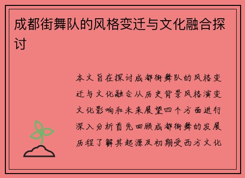 成都街舞队的风格变迁与文化融合探讨