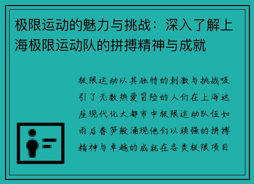 极限运动的魅力与挑战：深入了解上海极限运动队的拼搏精神与成就