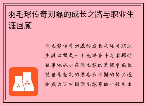 羽毛球传奇刘磊的成长之路与职业生涯回顾